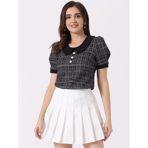 Tweed Top Button Decor Peter Pan Collar Blouse Black - Picture 3 of 4